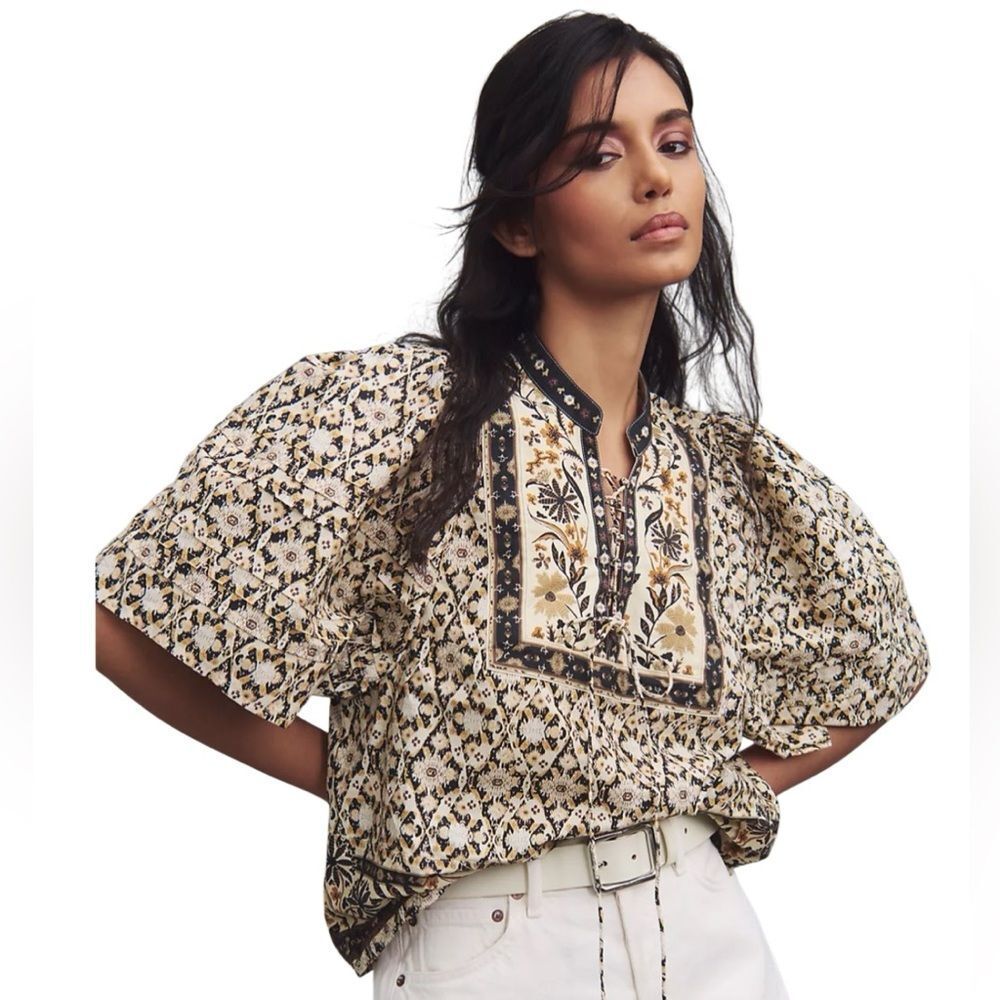 Anthropologie Puff-Sleeve Tie Neck Blouse